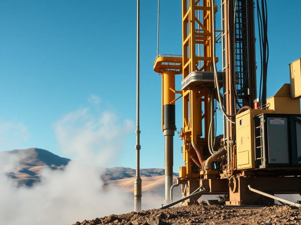 A close-up shot of a geothermal drilling rig in action, with steam rising from the ground. The focus should be on the machinery, showcasing its intricate details and technology. The background should be a landscape of rolling hills and a clear blue sky, emphasizing the natural environment. The image should be hyper-realistic and vibrant, rendered in high-resolution with a depth of field effect, capturing the ruggedness of the site and the innovation of geothermal energy development.